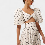 Sherine Polka Dot Sijonų ir Marškinių Komplektas su Pūkuotomis Rankovėmis